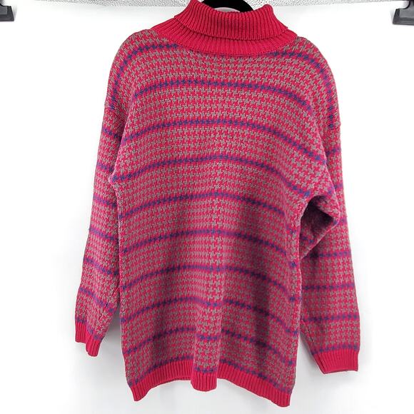 Vintage Maroon Red Granny Houndstooth Stripe Mock Turtleneck Tunic Sweater PL - Picture 1 of 10